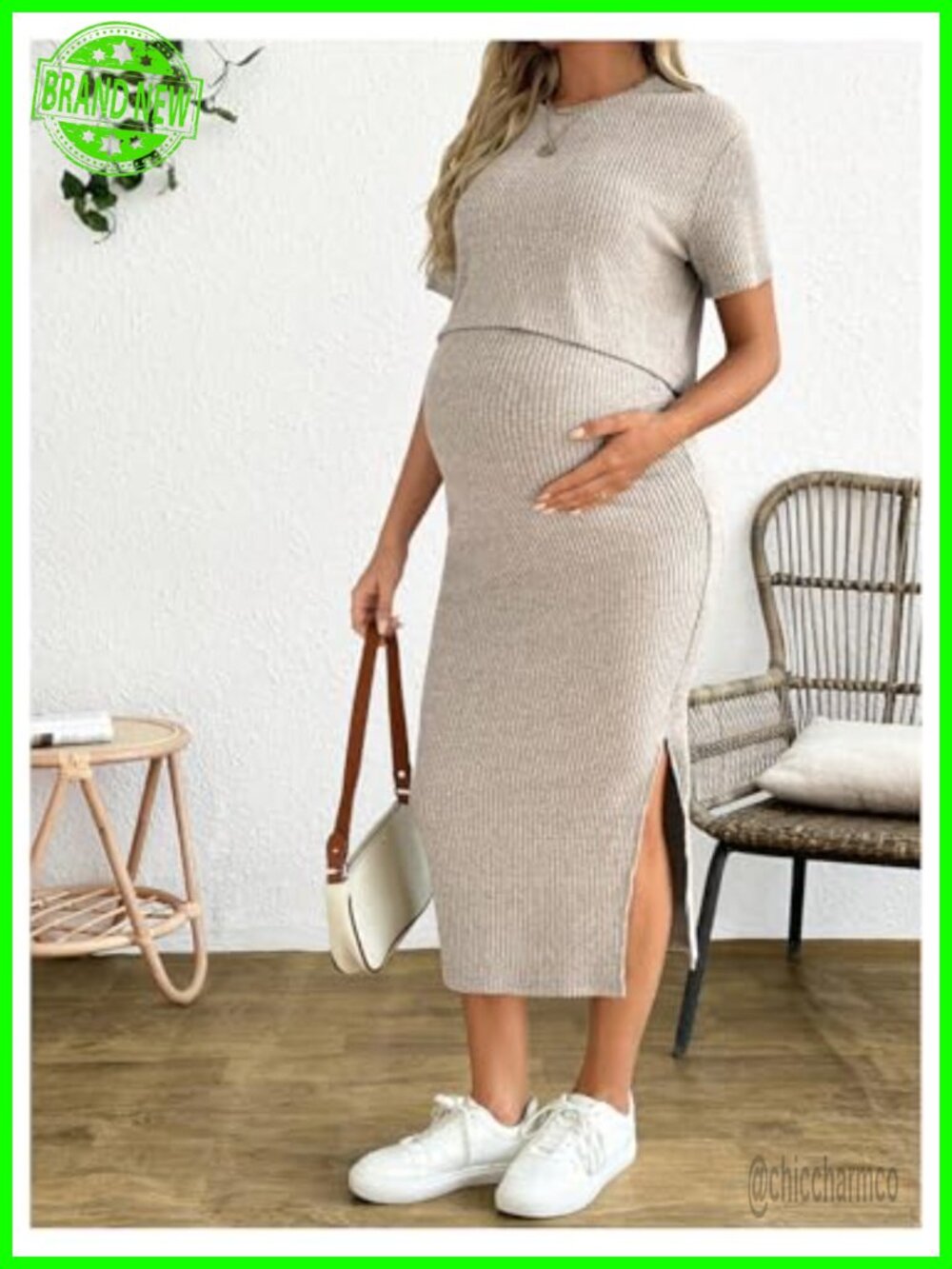 Maternity Ribbed 2 Piece Set Crop Top Bodycon Midi Skirt - Picture 4 of 4